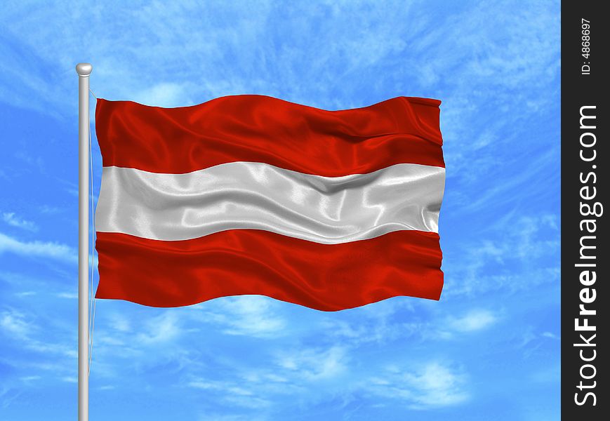 Illustration of waving Austrian flag on blue sky. Illustration of waving Austrian flag on blue sky