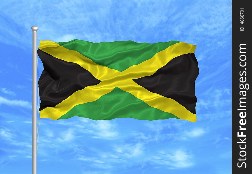 Illustration of waving Jamaican flag on blue sky. Illustration of waving Jamaican flag on blue sky
