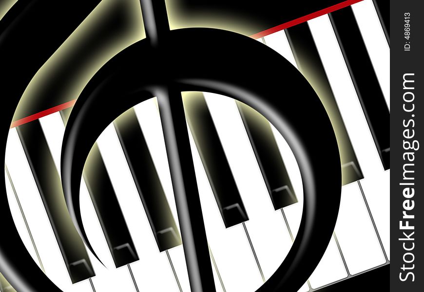 Fragment of a treble clef on a background of keys of the piano. Fragment of a treble clef on a background of keys of the piano