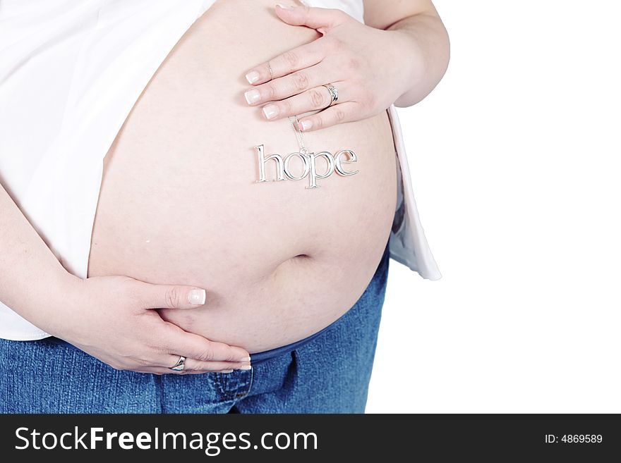 Hope Sign on Belly of pregnant woman with white background