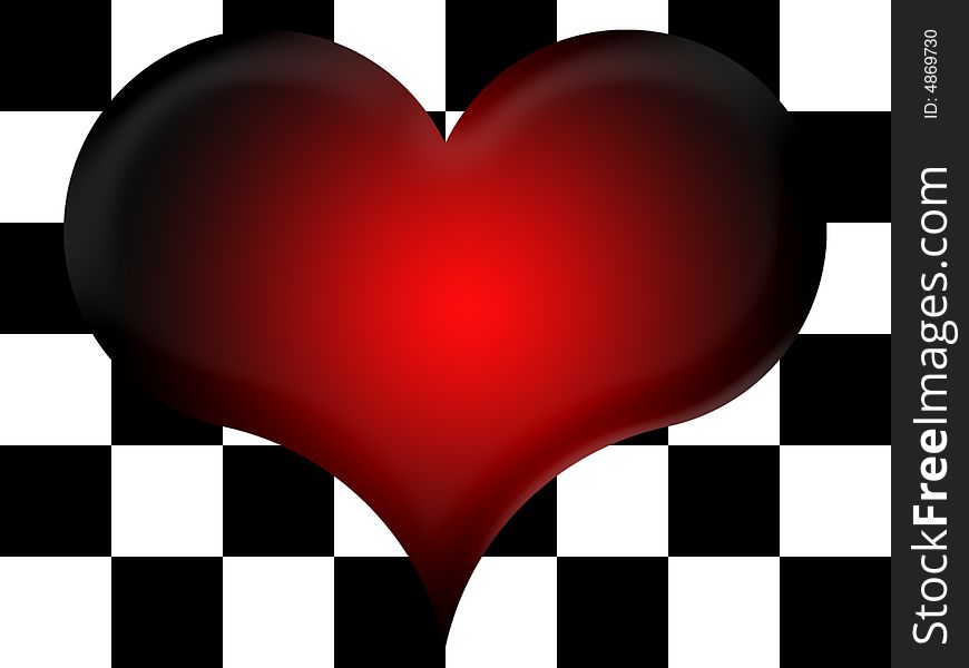 Red-and-black heart on a background of black and white squares