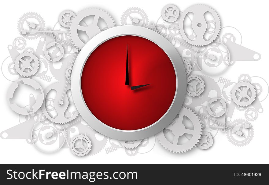 Red clock on a grey gear background