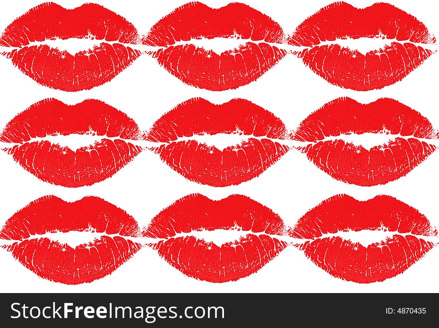 An image of lips stamps in red color. An image of lips stamps in red color