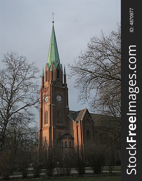 Fredrikstad cathedral, tower. Norwegian brick church. Fredrikstad cathedral, tower. Norwegian brick church