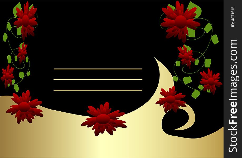 Red flowers on black and gold background