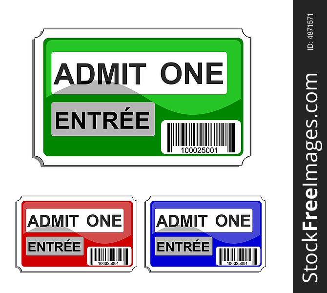 Vector illustration of a bilingual glossy  admit one ticket with bar code