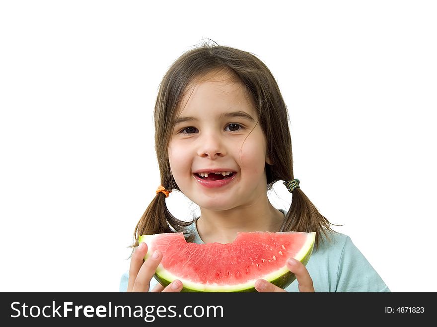 girl eating Watermelon isolated on white background