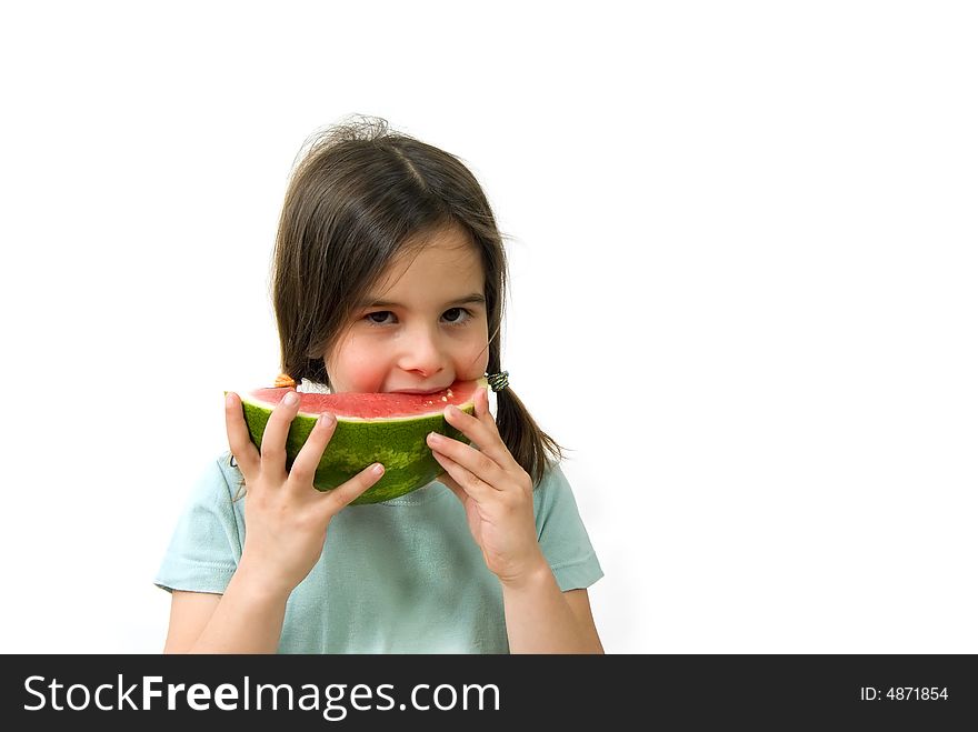 girl eating Watermelon isolated on white background