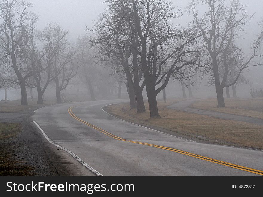 Road curving through early morning fog. Road curving through early morning fog