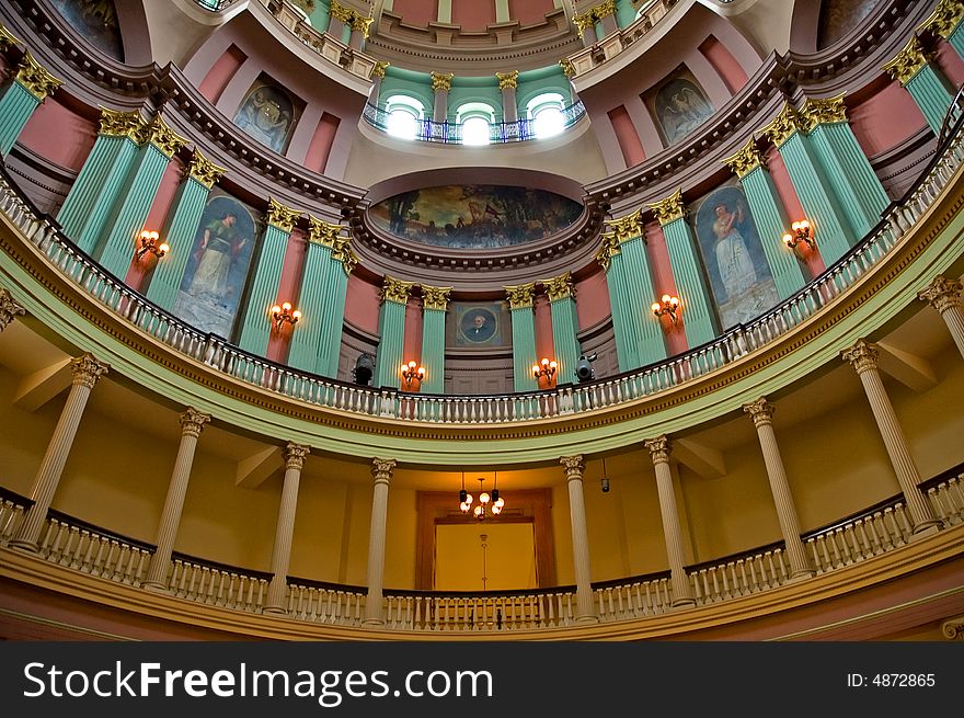 A view looking upwards at the various balconies and levels of the ornate dome of the historic Old Court House in St. Louis, Missouri. A view looking upwards at the various balconies and levels of the ornate dome of the historic Old Court House in St. Louis, Missouri.