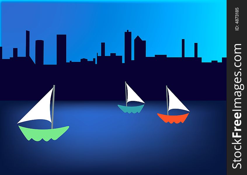 Sailboats floating in the harbor with skyline back round. Sailboats floating in the harbor with skyline back round.