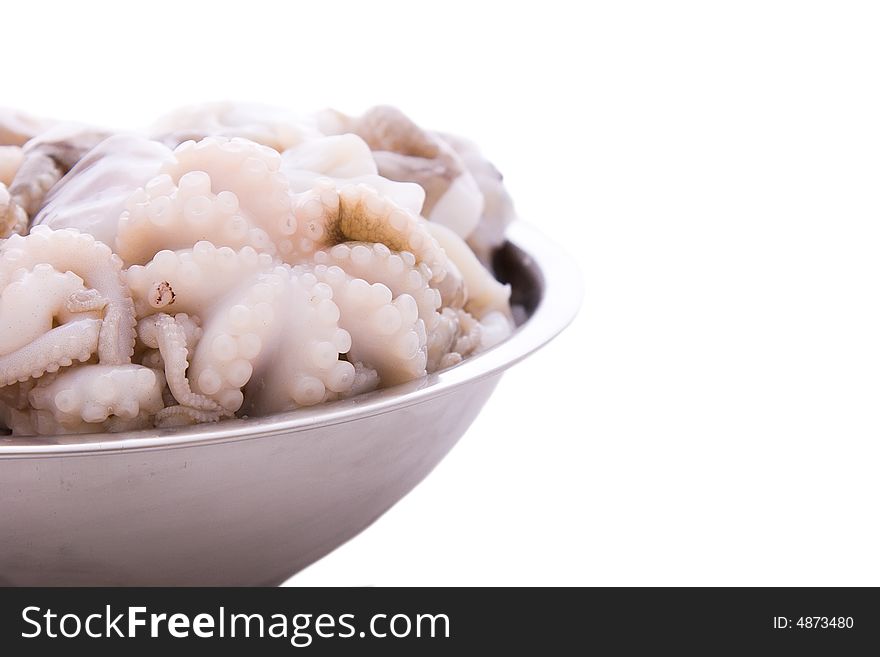 Baby octopus in a metal bowl against a white background