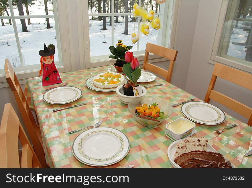 Table in a home decorated for Easter. Table in a home decorated for Easter