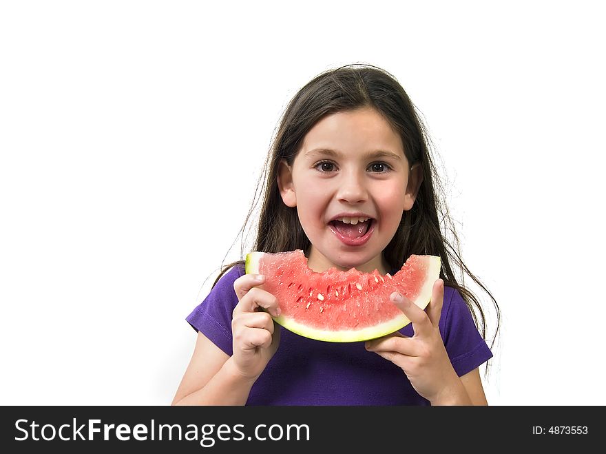 Girl eating Watermelon isolated on white background