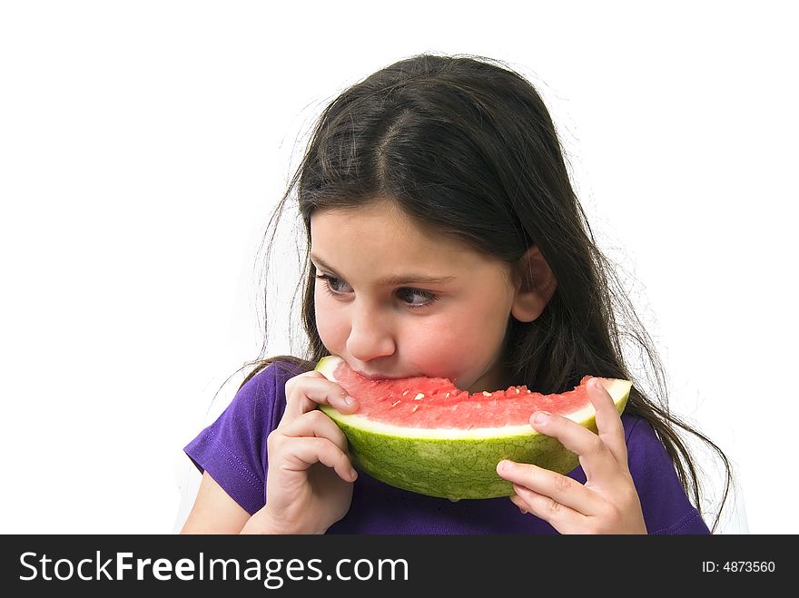 Girl eating Watermelon isolated on white background