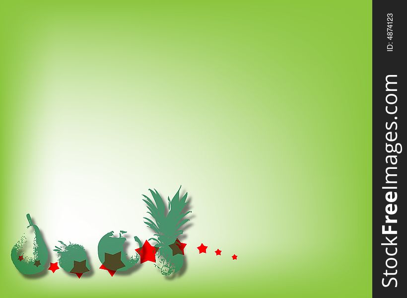 Green background with red stars and various fruits