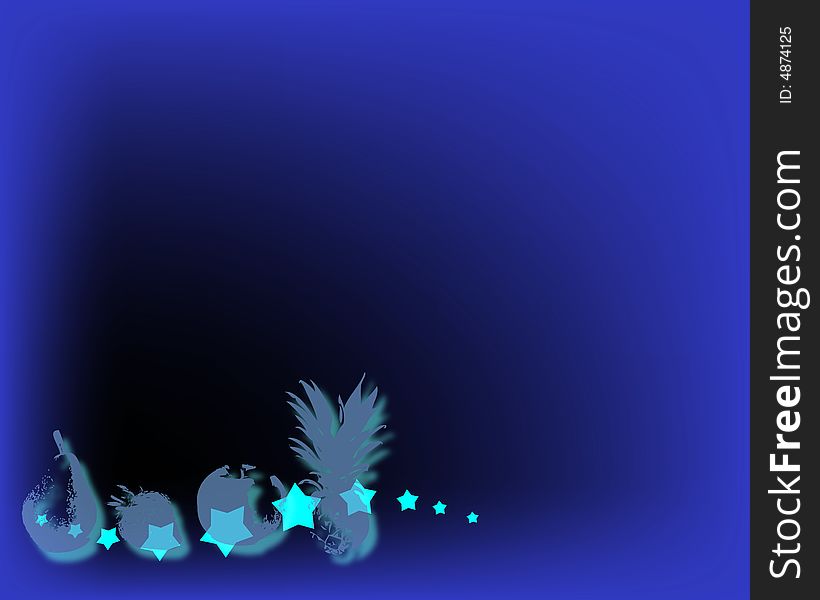 Blue illustration with stars and various fruit shapes. Blue illustration with stars and various fruit shapes
