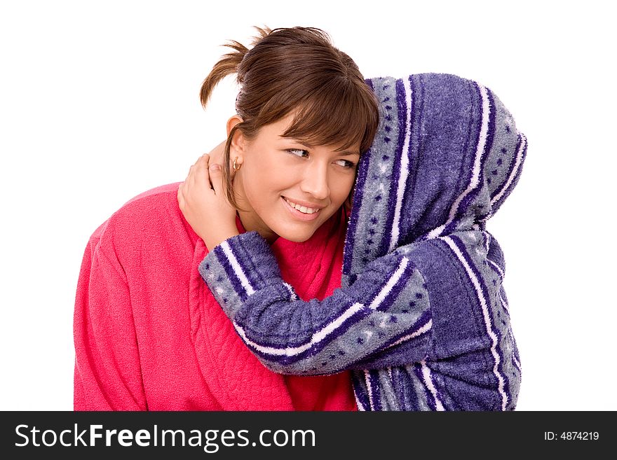 Mother And Child Dressed Bathrobes Over White