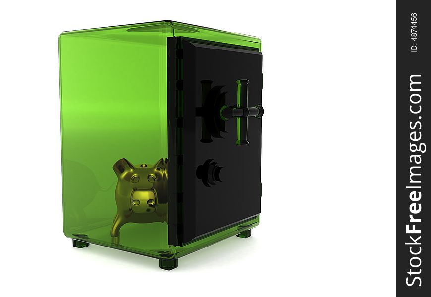 Pig a coin box in the transparent green safe