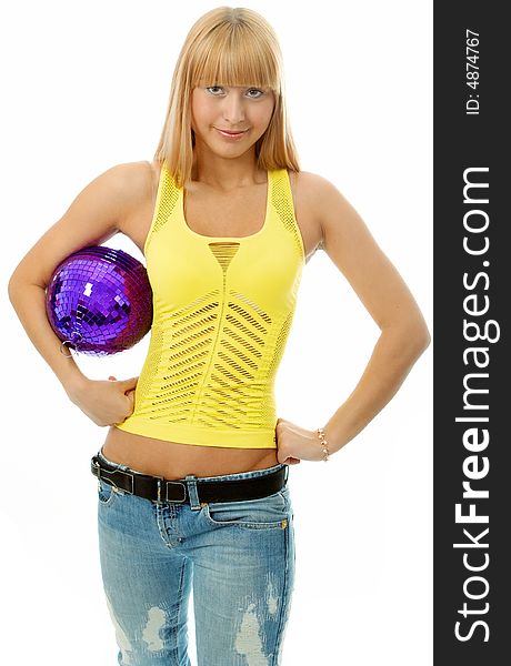Beauty woman with ball on white background