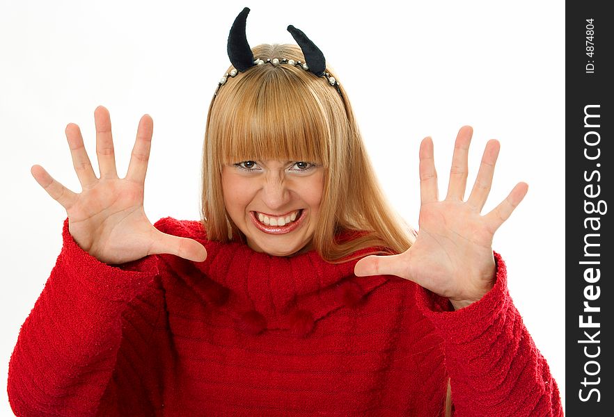 Devil with Horns woman on white background