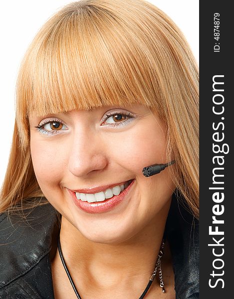 Woman with microphone on white background