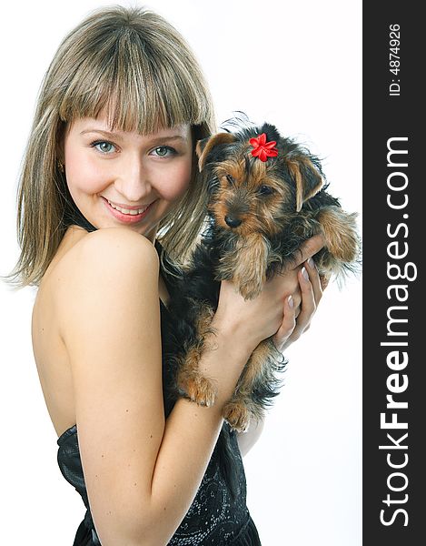 Portrait beauty girl with dog on white background