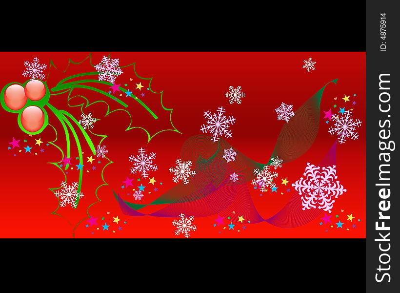 Black and red background with Holly,snowflakes and colorful stars. Black and red background with Holly,snowflakes and colorful stars