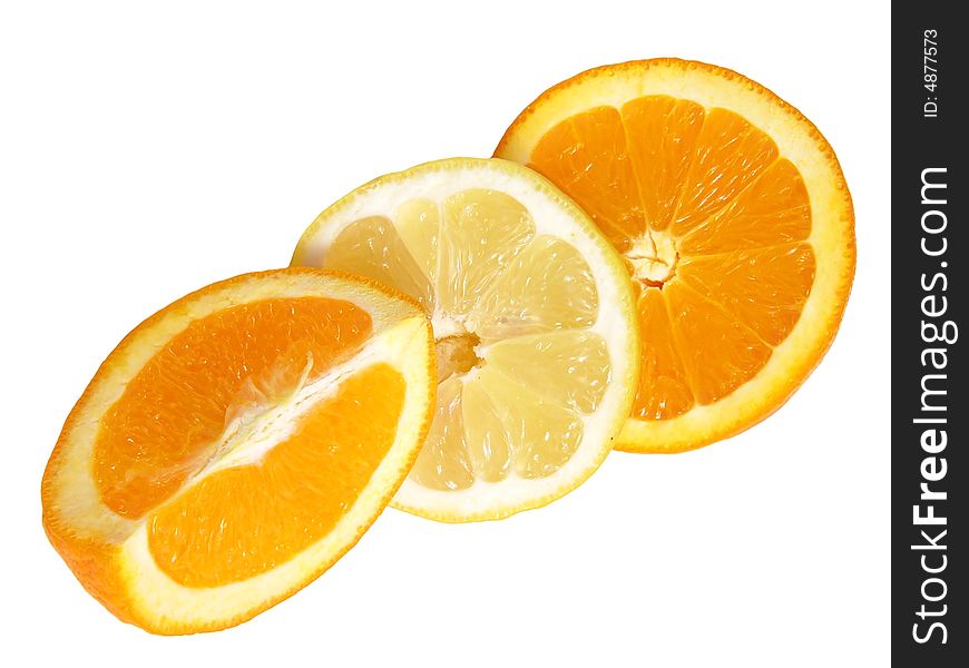 Juicy orange and lemon slices isolated