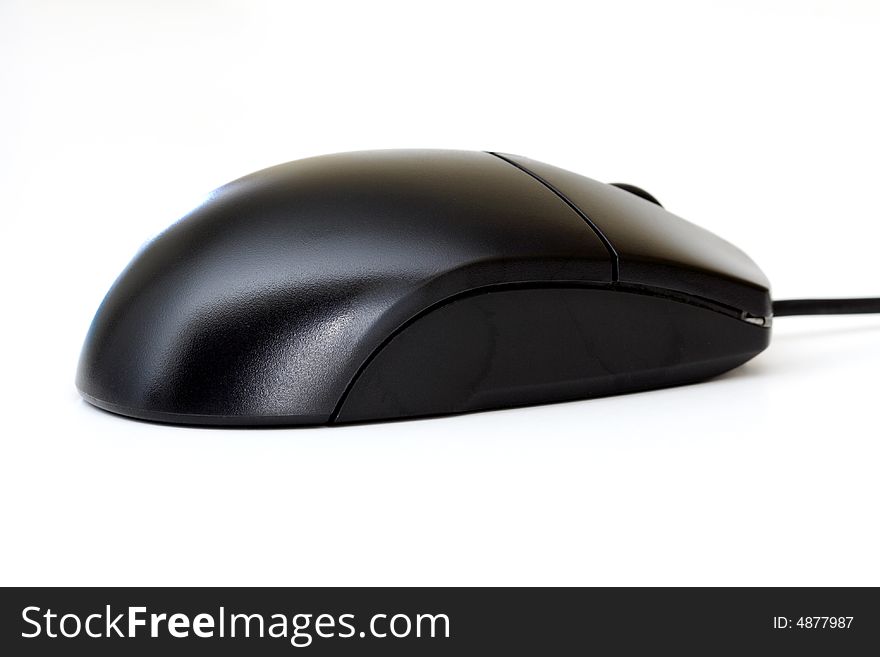 A black computer mouse on a white background.