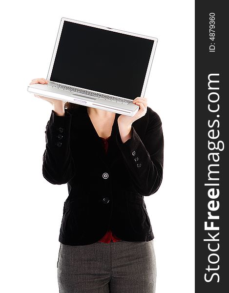 Business person holding a laptop on white. Business person holding a laptop on white