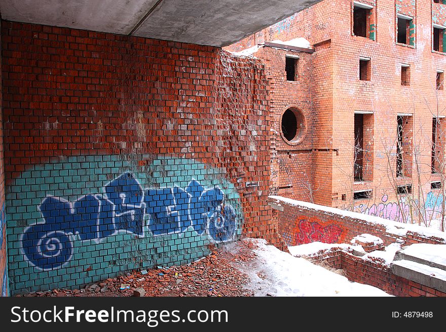 Graffiti ruined urban building winter blasted. Graffiti ruined urban building winter blasted