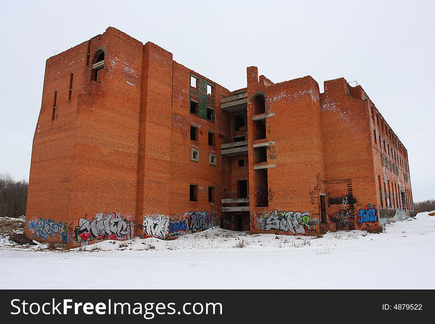 Graffiti ruined urban building winter blasted. Graffiti ruined urban building winter blasted