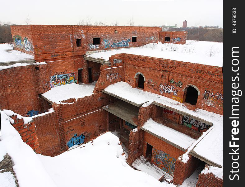 Graffiti ruined urban building winter blasted. Graffiti ruined urban building winter blasted