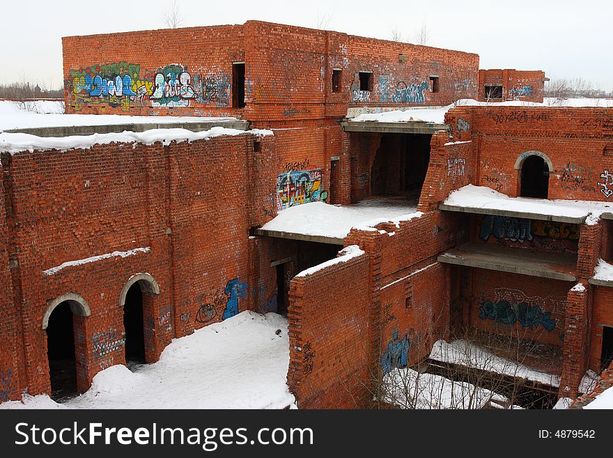 Graffiti ruined urban building winter blasted. Graffiti ruined urban building winter blasted