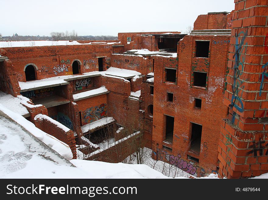 Graffiti ruined urban building winter blasted. Graffiti ruined urban building winter blasted