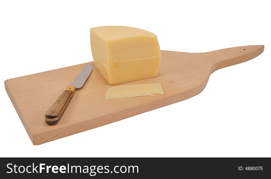 Cheese on the wooden cutting board with knife, isolated on white.
