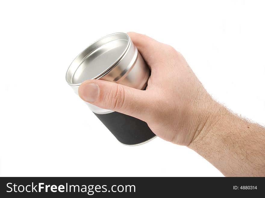 Aluminum tin in the men palm. Isolated on white background. Aluminum tin in the men palm. Isolated on white background.