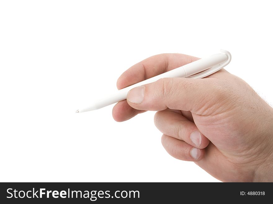 White pen in the mens palm. Isolated on white background