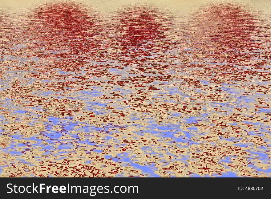 Abstract golden background. Reflection over water.