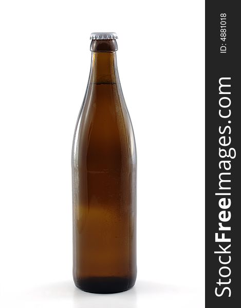A beer bottle on a white background