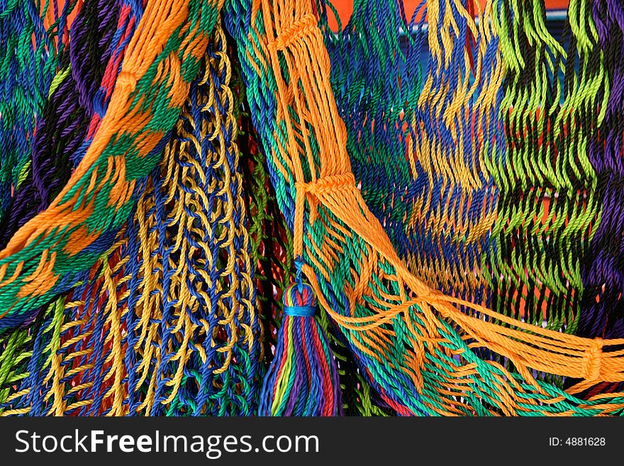 Close up of Mexican hammocks for sale in market near Chichen Itza, Mexico