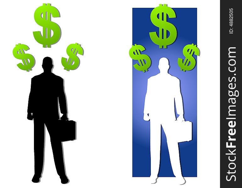 An illustration featuring your choice of 2 silhouettes of businessmen standing with dollar signs. An illustration featuring your choice of 2 silhouettes of businessmen standing with dollar signs
