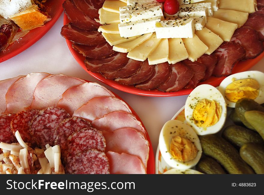 Meat, sausage, cheese and eggs dishes. Meat, sausage, cheese and eggs dishes