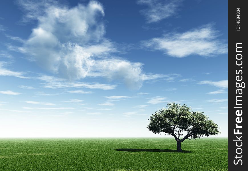 Alone tree and beautiful sky with clouds - 3d landscape scene. Alone tree and beautiful sky with clouds - 3d landscape scene.