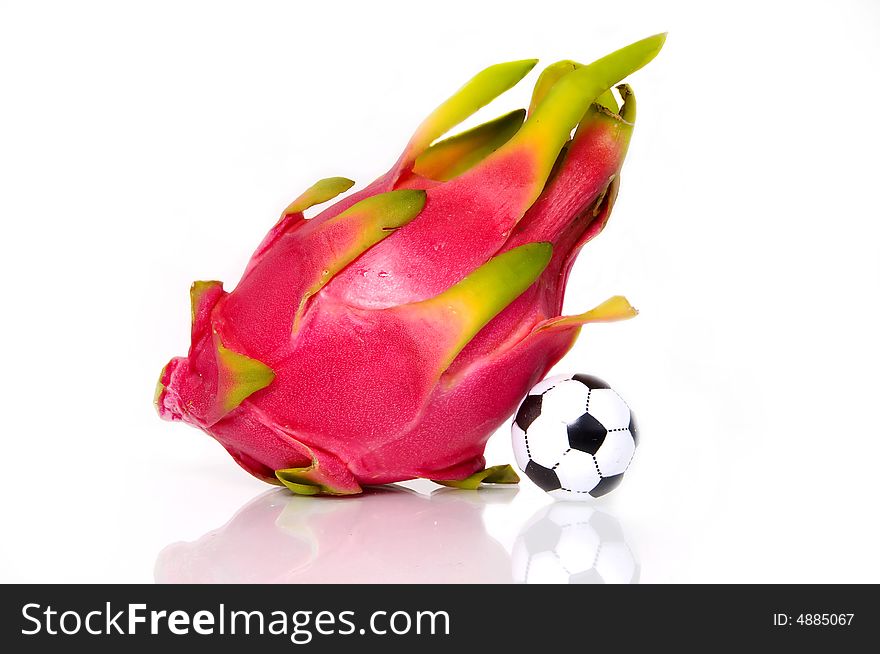 Pitahayal fruit and soccer ball isolated on white. Pitahayal fruit and soccer ball isolated on white
