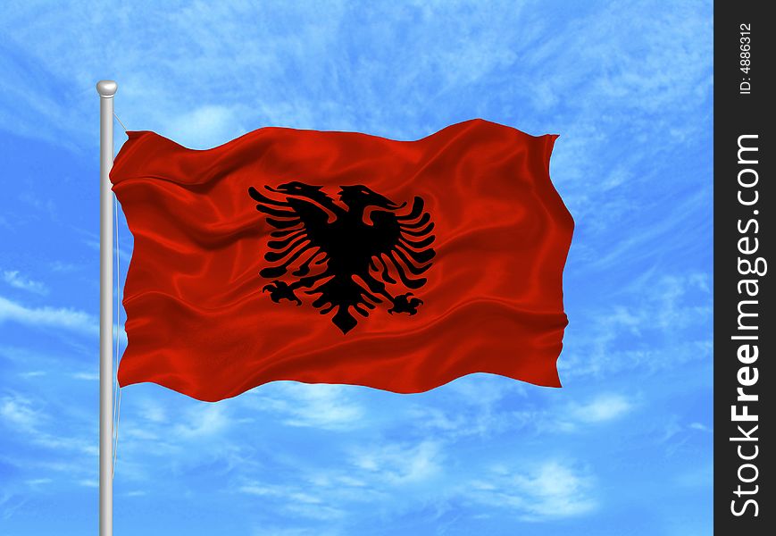 Illustration of waving Albanian flag on blue sky. Illustration of waving Albanian flag on blue sky