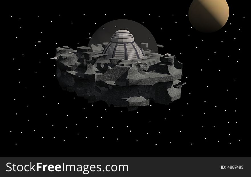 Rendering of a space station on an asteroid