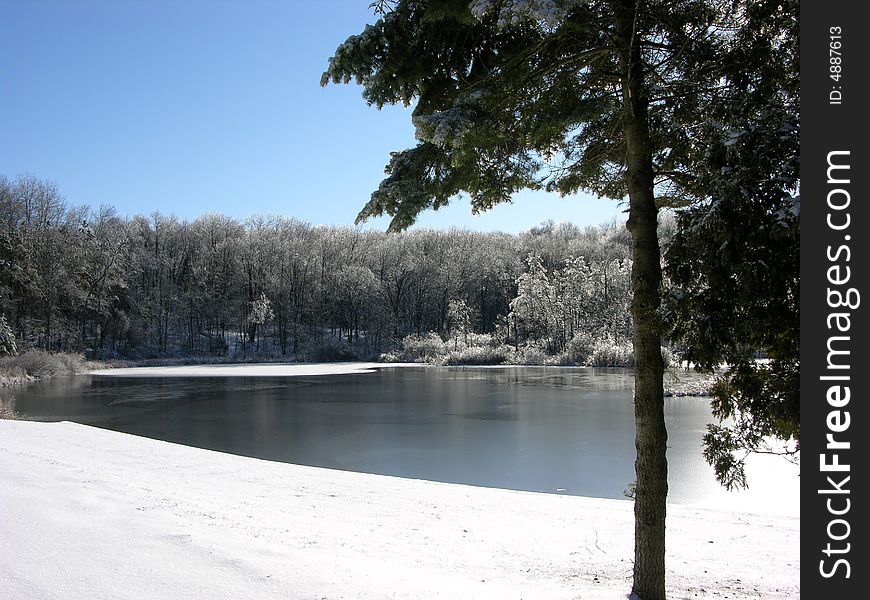 New layer of snow on the pond. New layer of snow on the pond.