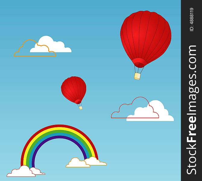 Soaring airballoons clouds and rainbow